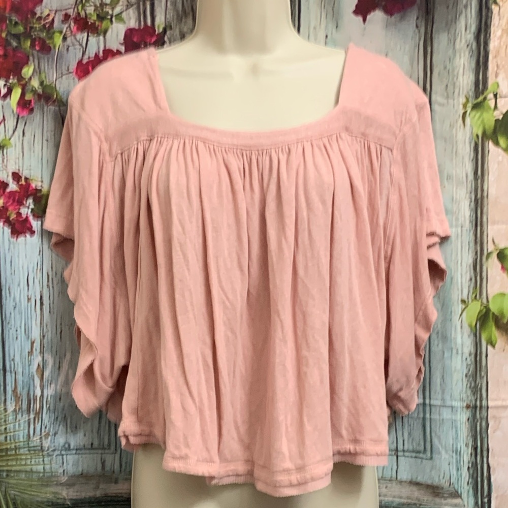 Free People Linen Blend Boho Style Blouse in Blush Pink